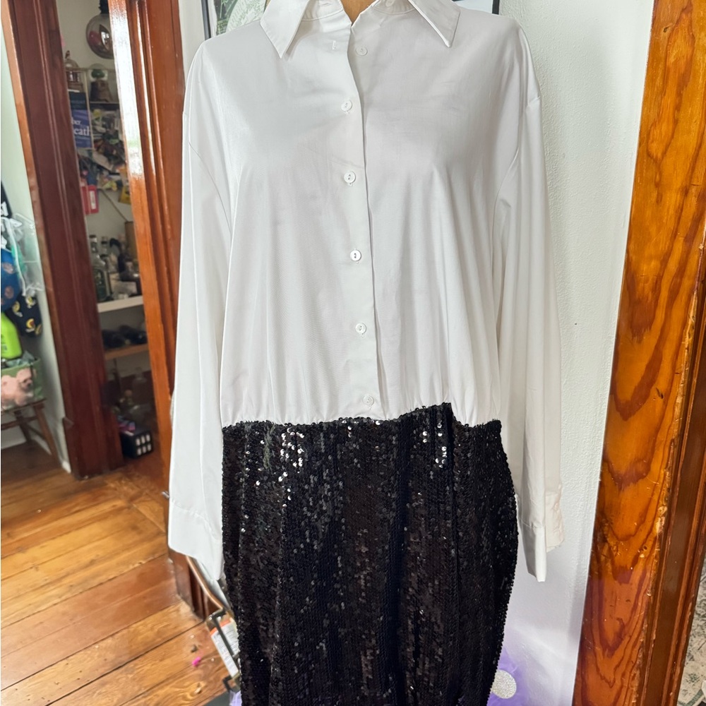 Mare Mare Anthropology White Button-Up Shirt with Black Sequin Skirt